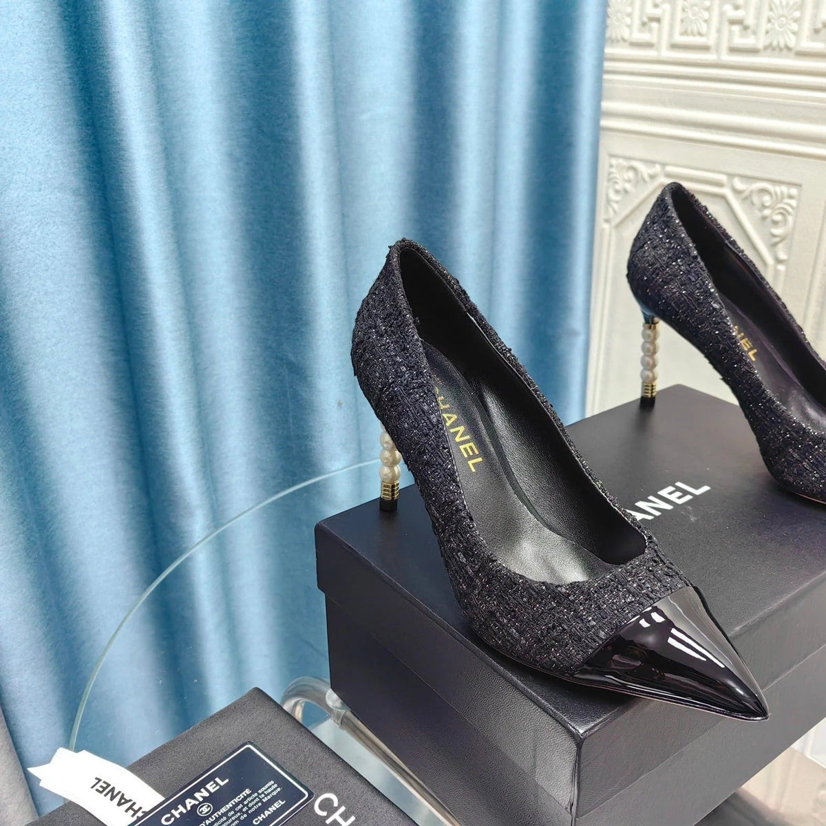 Chanel 26 Pointed Toe 85mm Pearl Black in Coarse Tweed 712805