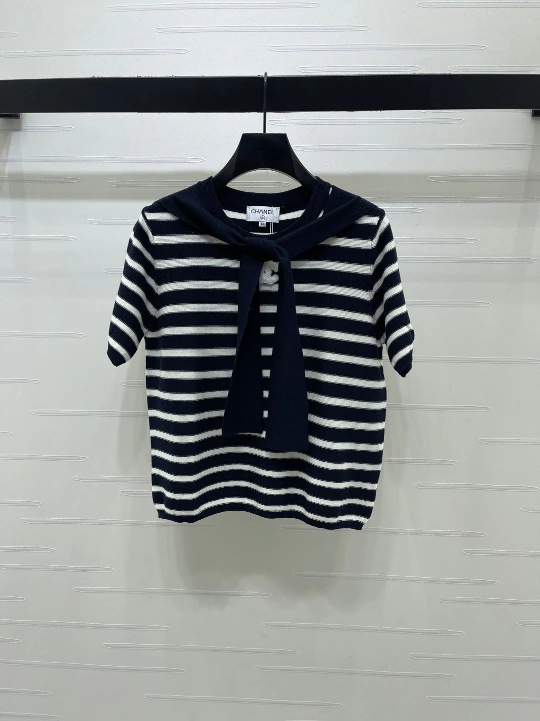 Chanel 2026 Shawl-Style Striped Knit Short-Sleeve Top Viscose 677747