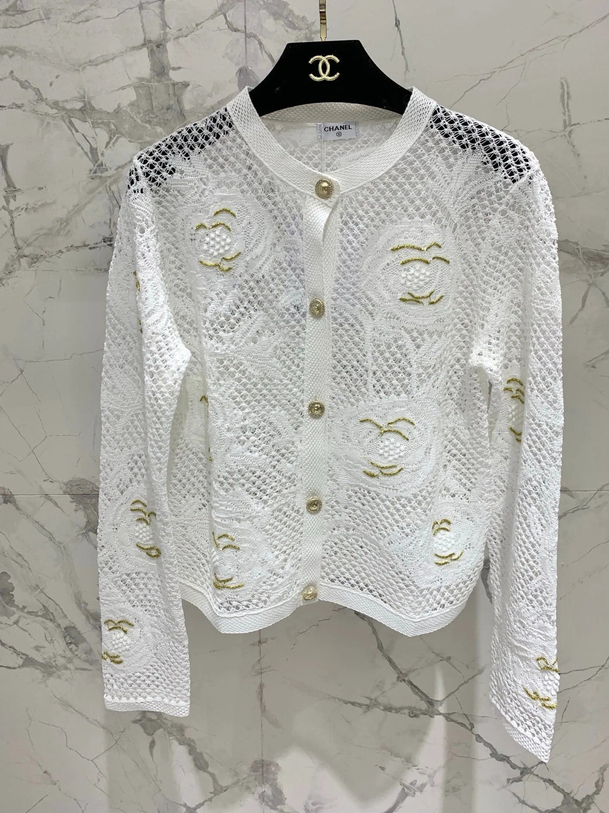 Chanel Embroidered Hollow-Out Cardigan White in Cotton 298306