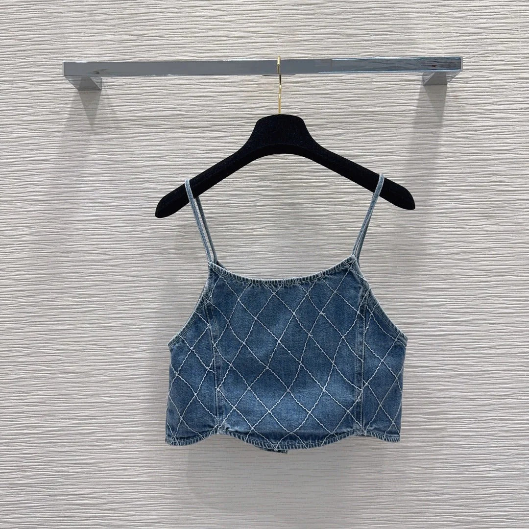 Chanel 2026 Denim Crop Top Blue and White Cotton 731802