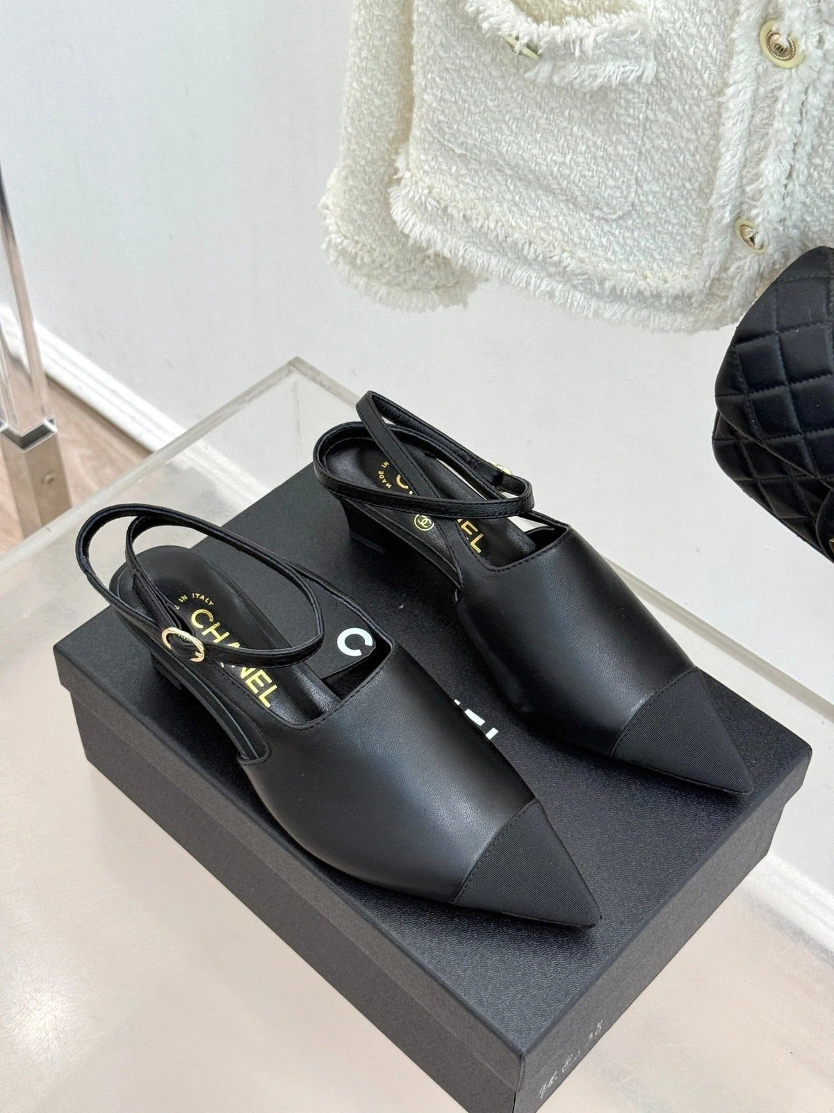 CC Pointed Toe Kitten Heel 30 Open Back Sandals Black in Cowhide 706382