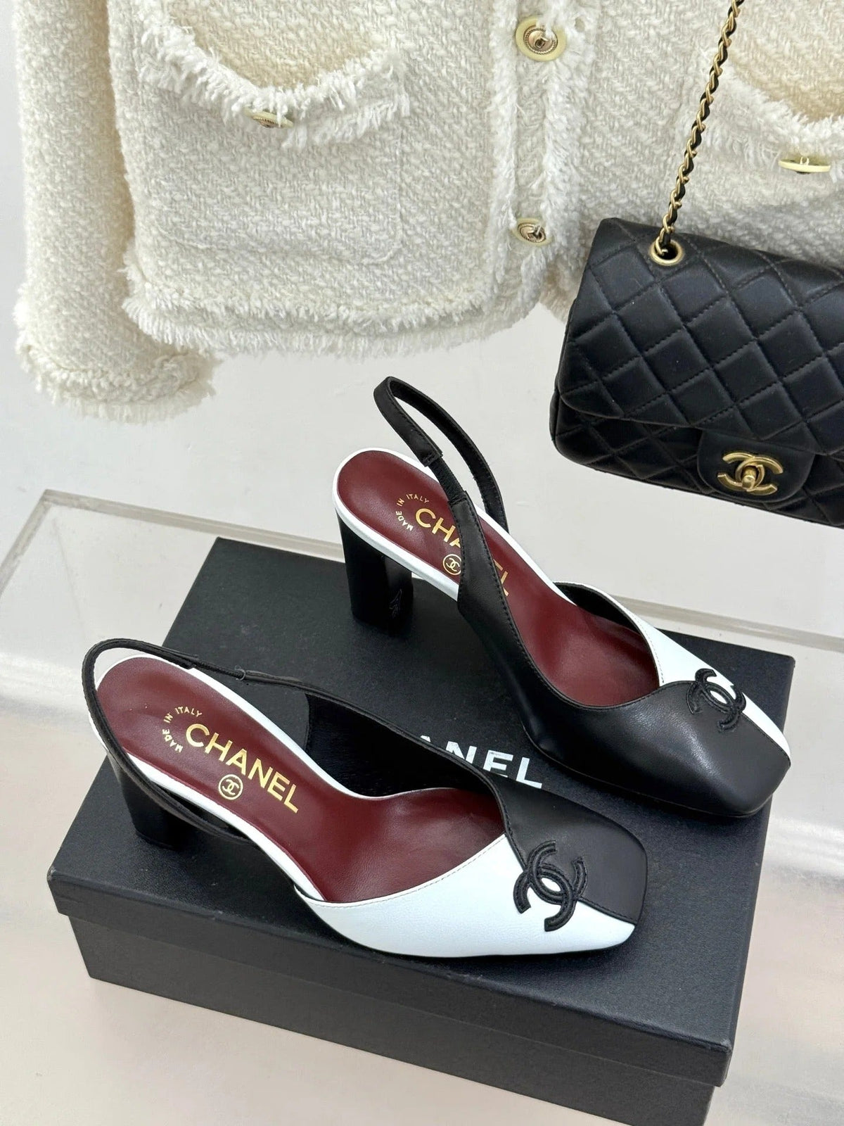 Chanel 26S Slingback 85mm Black White in Cowhide 706356