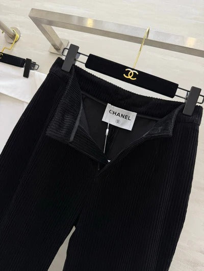Chanel 2026 Corduroy Flared Pants Black Velvet Fabric 377401