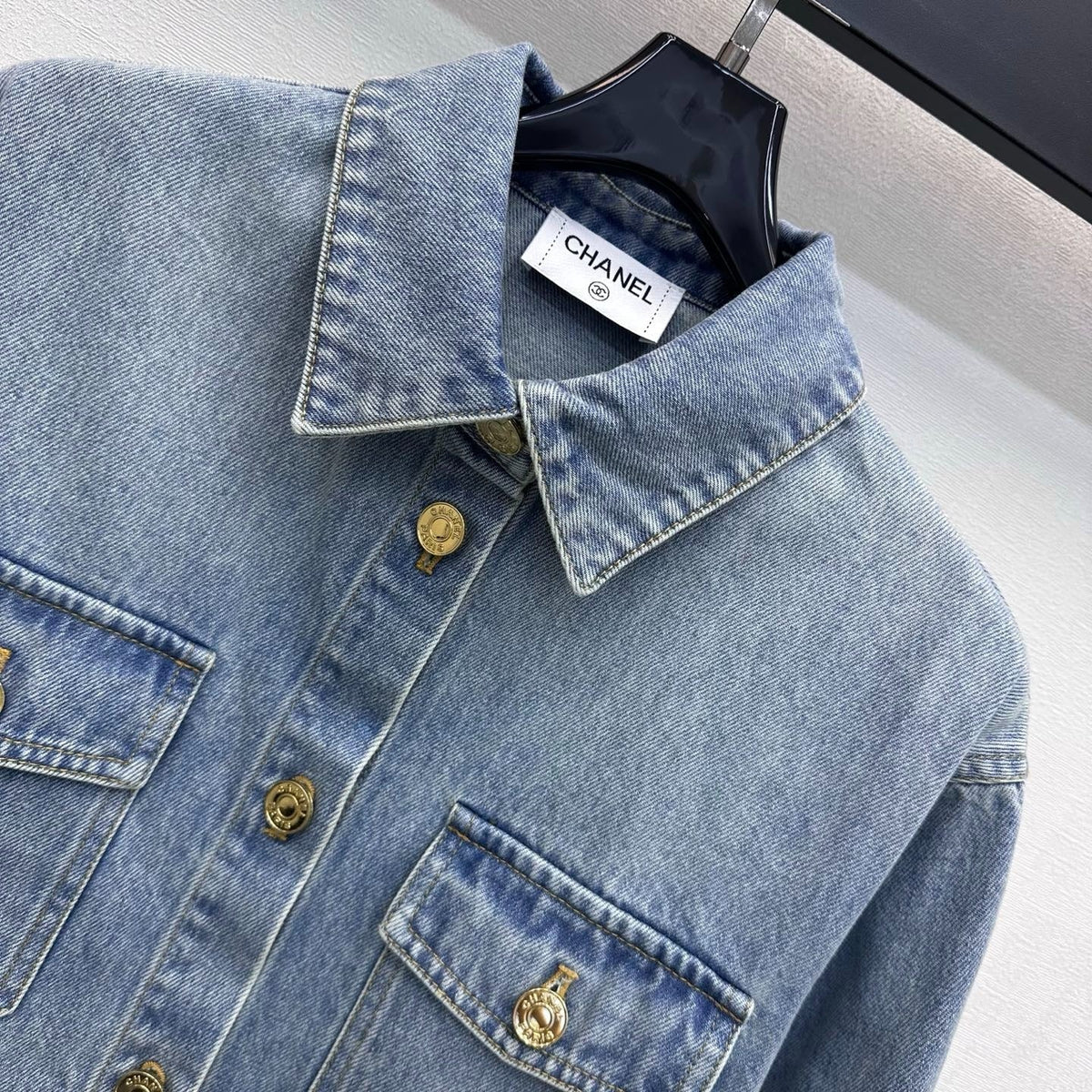 Chanel 2026 Checkered Denim Shirt with Sleeve Patches Light Blue Cotton 418505