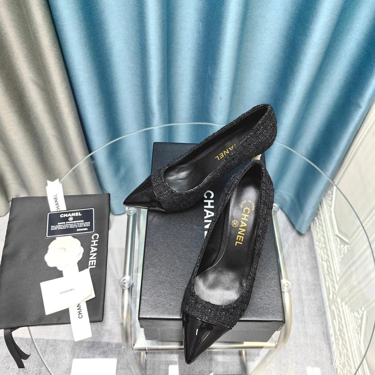Chanel 26 Pointed Toe 85mm Pearl Black in Coarse Tweed 712805