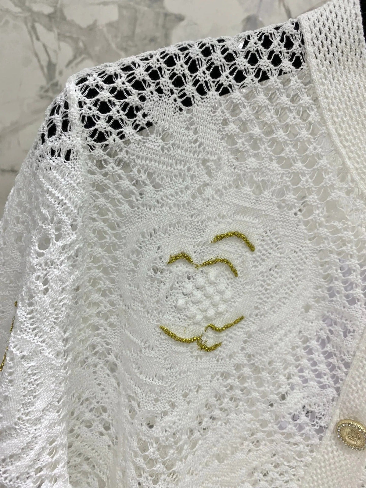 Chanel Embroidered Hollow-Out Cardigan White in Cotton 298306