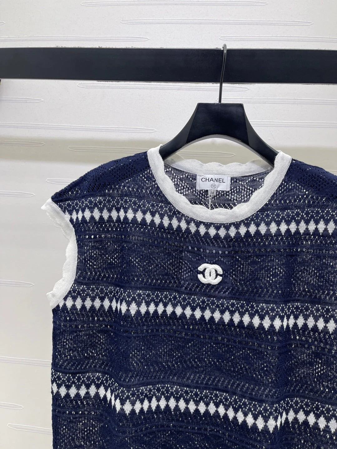 Chanel 2026 Hollow-out Striped Knit Vest Navy Blue Viscose 677769