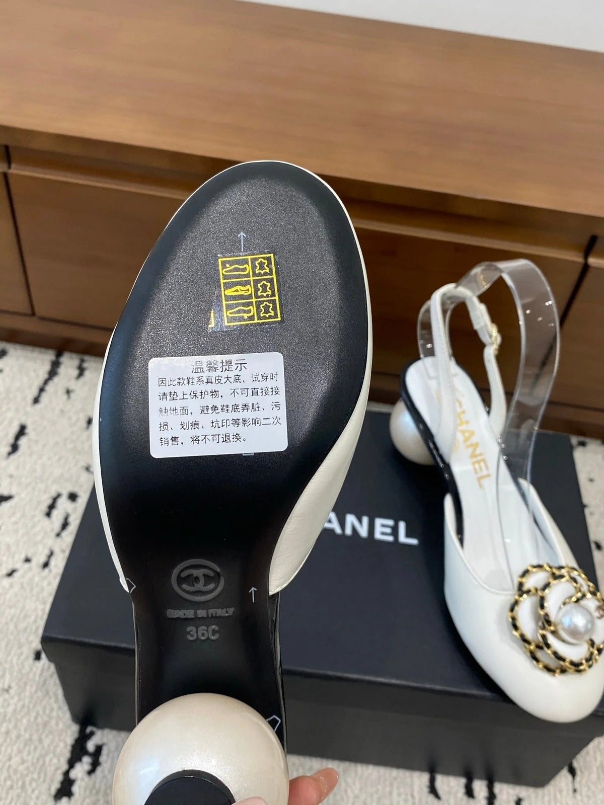 Chanel 26 Round Toe Pearl Heel 50 Shoes White in Cowhide 729341