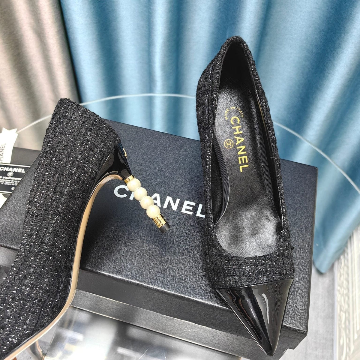 Chanel 26 Pointed Toe 85mm Pearl Black in Coarse Tweed 712805
