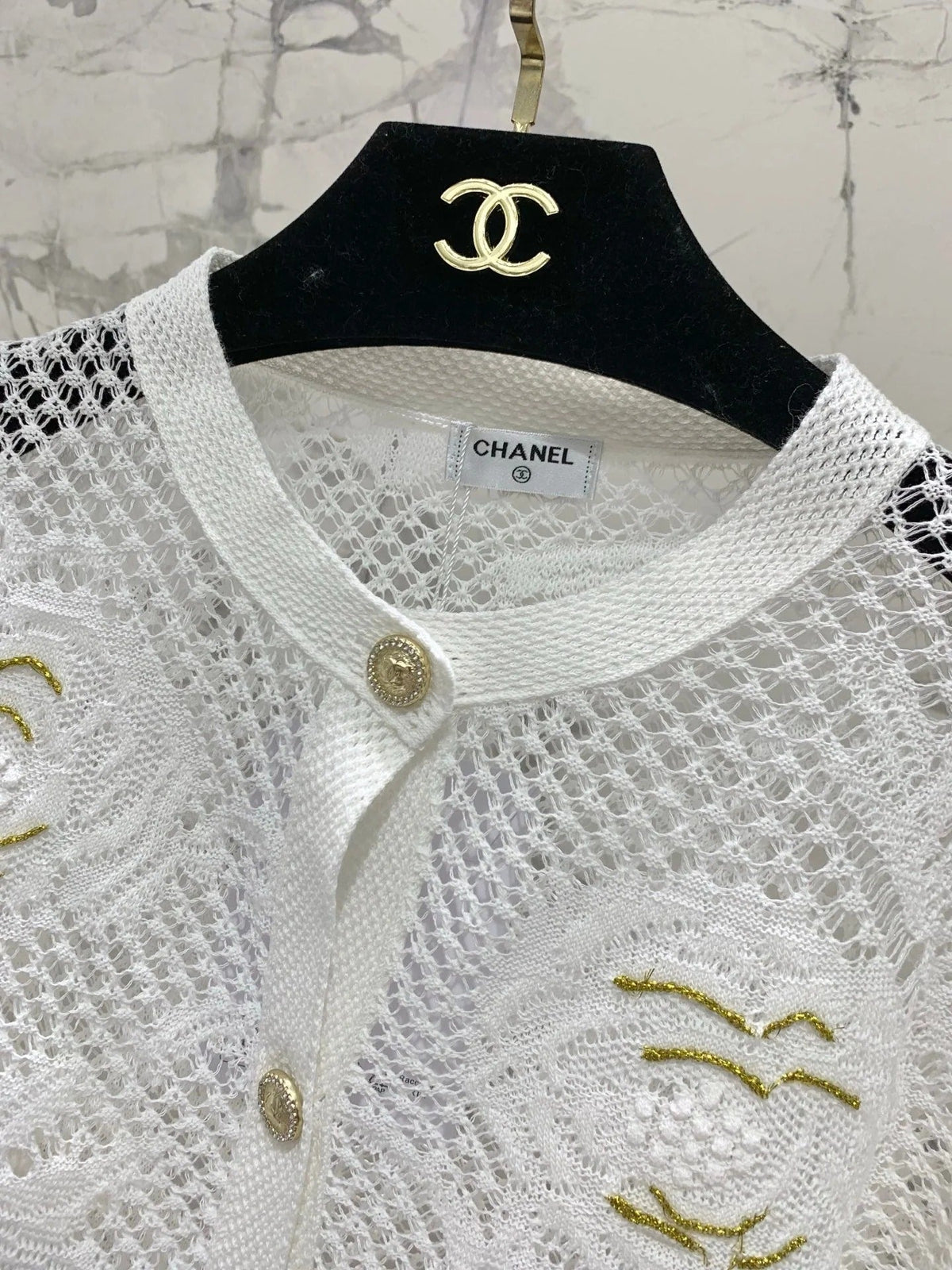 Chanel Embroidered Hollow-Out Cardigan White in Cotton 298306