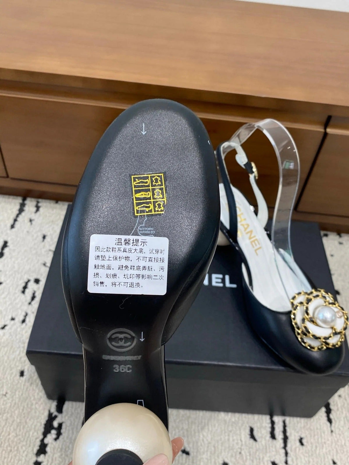 Chanel 26 Round Toe Pearl Heel 50 Shoes Black in Cowhide 729340