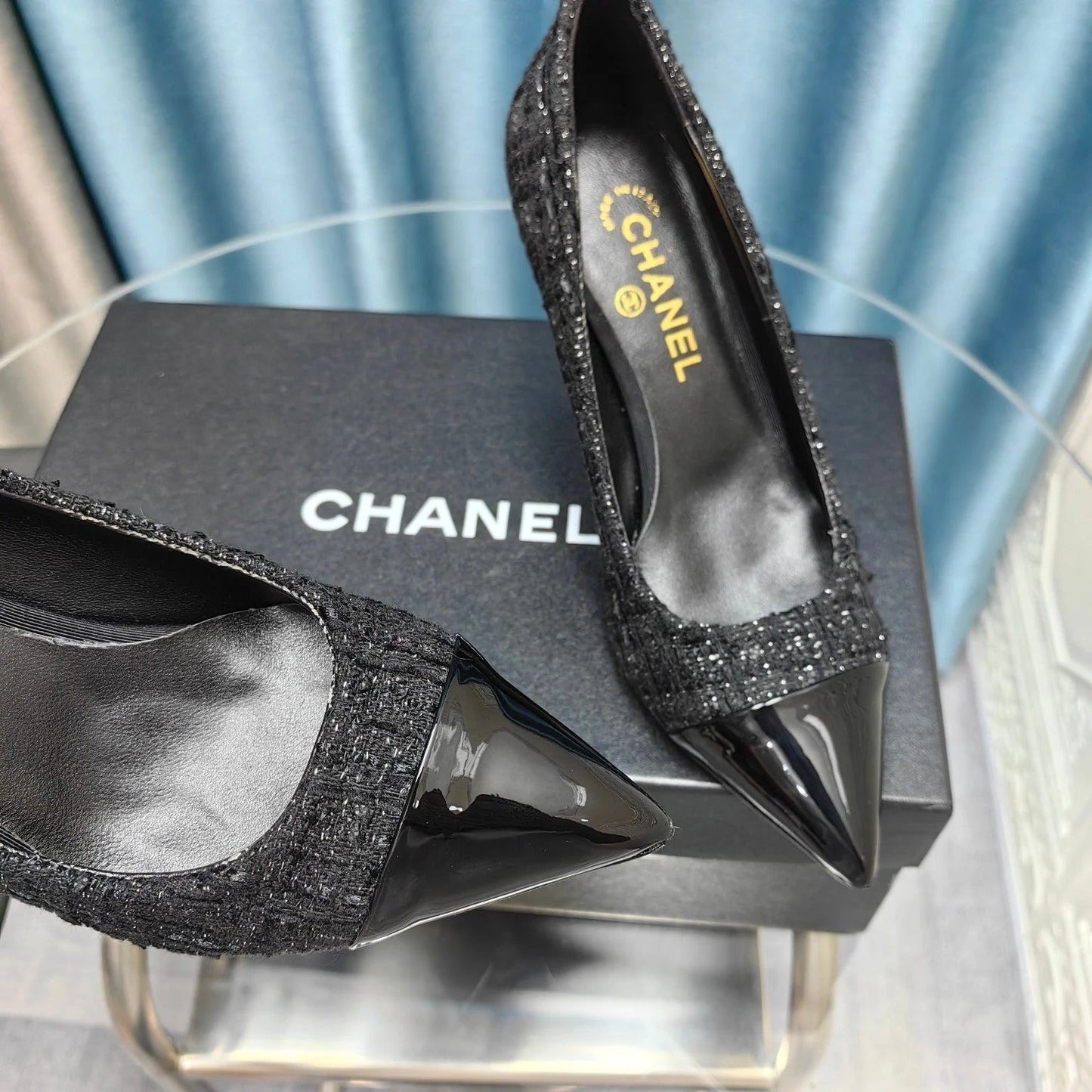 Chanel 26 Pointed Toe 85mm Pearl Black in Coarse Tweed 712805