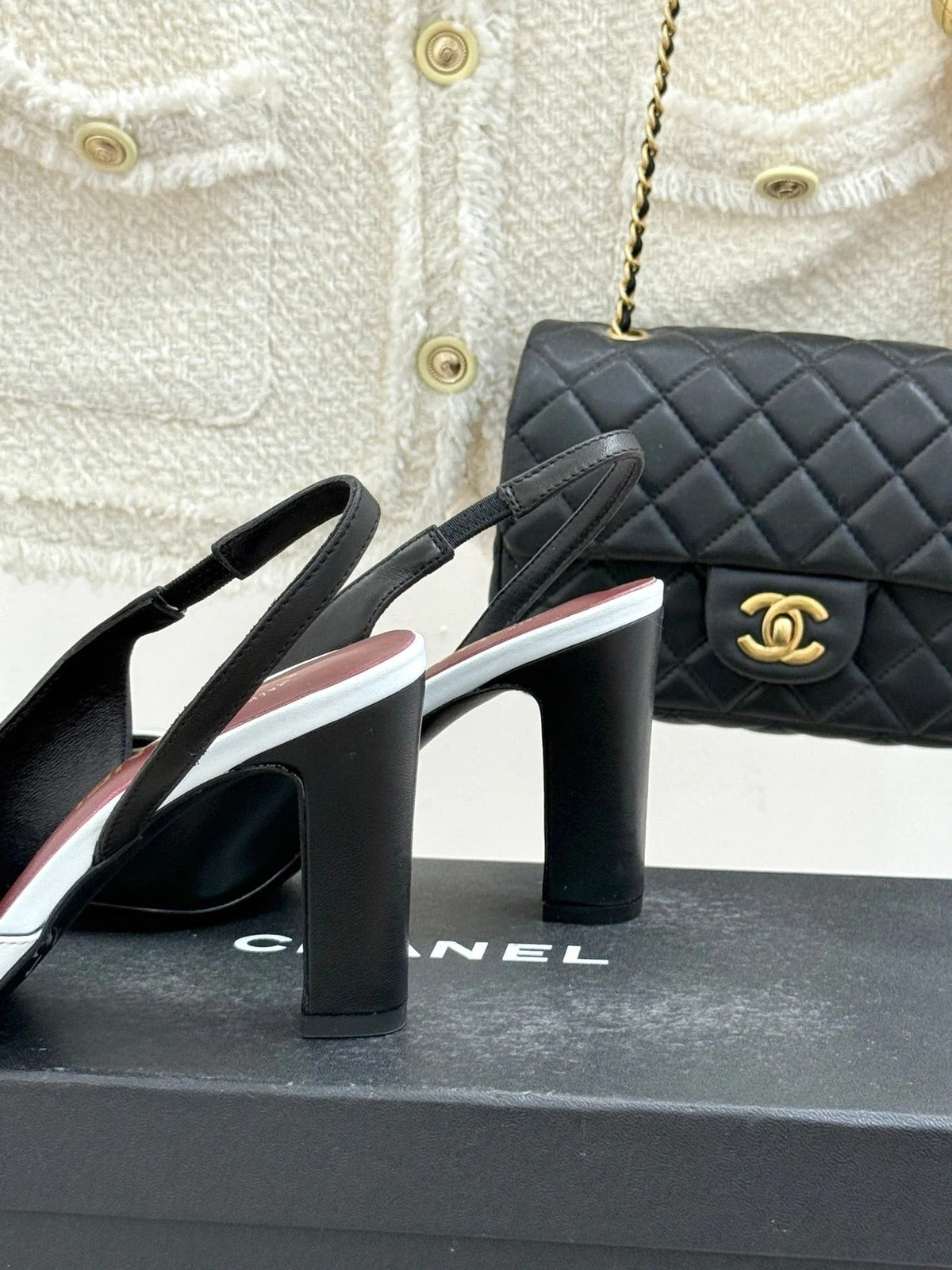 Chanel 26S Slingback 85mm Black White in Cowhide 706356