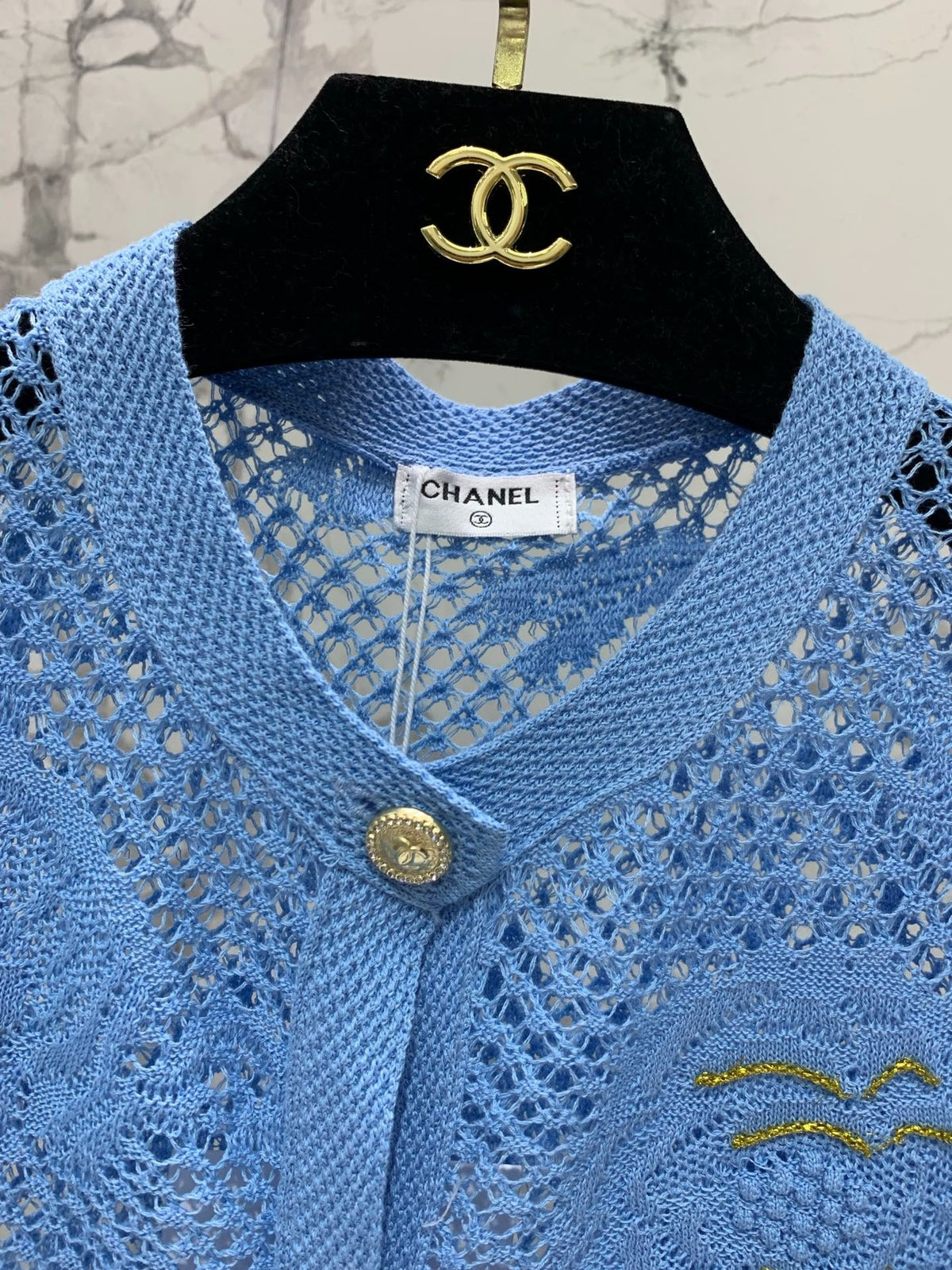 Chanel Embroidered Hollow-Out Cardigan Blue in Cotton 298307