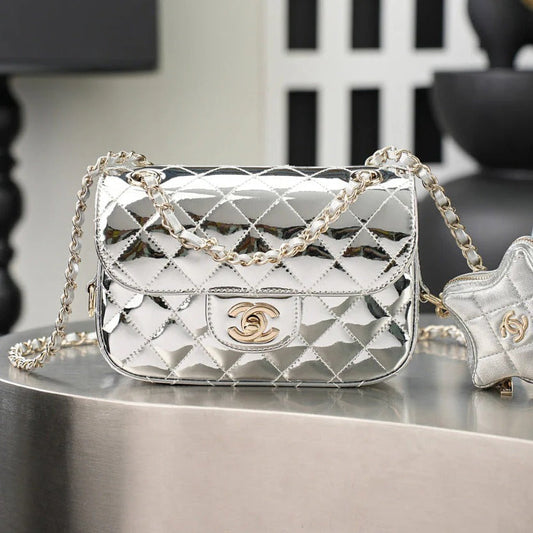 Chane 2026 Flap Mirror Bag Gold And Silver Metallic Calfskin