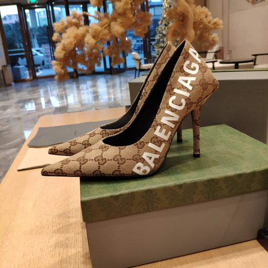 Balenciaga x GC 26s High Heel Pump Brown Beige Monogram Printed Fabric 681308