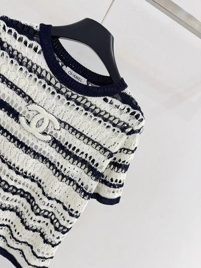 Chanel 2026 Black and White Striped Hollow-Out Knit Short-Sleeve Top Wool 330993