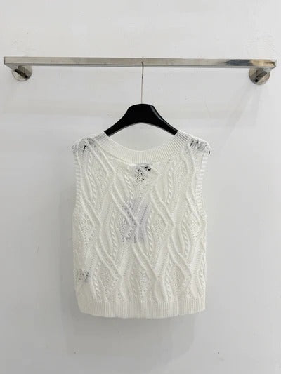 Chanel 2026 Hollow-Out Knitted Vest Blue and White Wool 336792