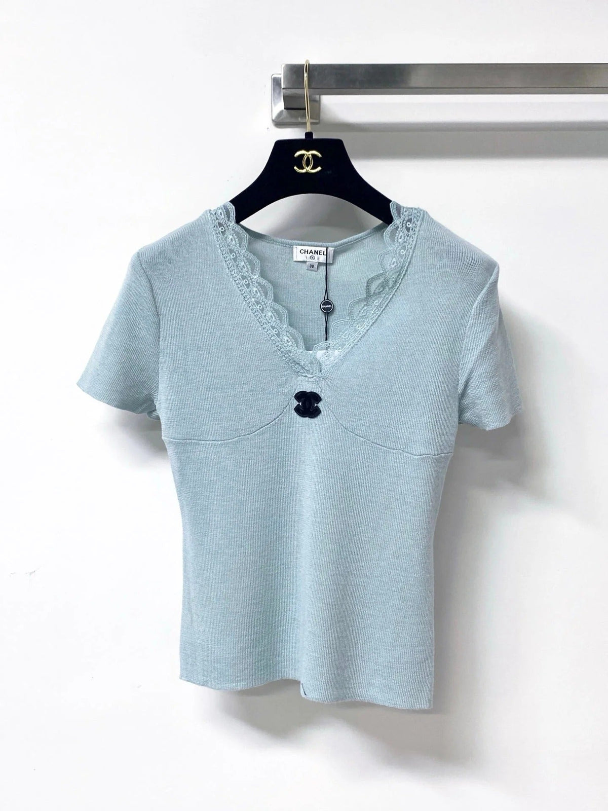 Chanel 2026 Lace V-neck Shirt Blue Pink Wool Cashmere 295236