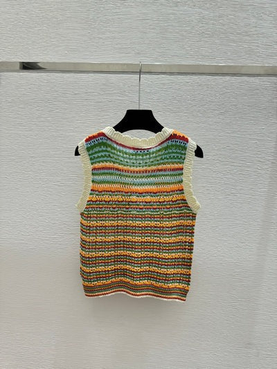 Chanel 2026 Color Block Striped Hollow-Out Crew Neck Knitted Vest 341401