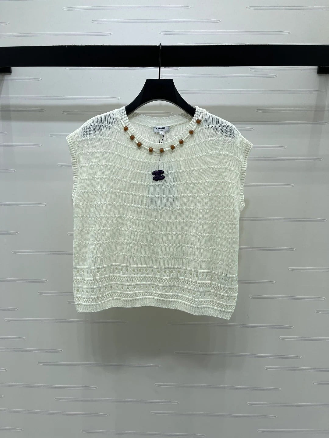 Chanel 2026 Hollow-out Knit Sleeveless Vest Blue and White Cotton 359840
