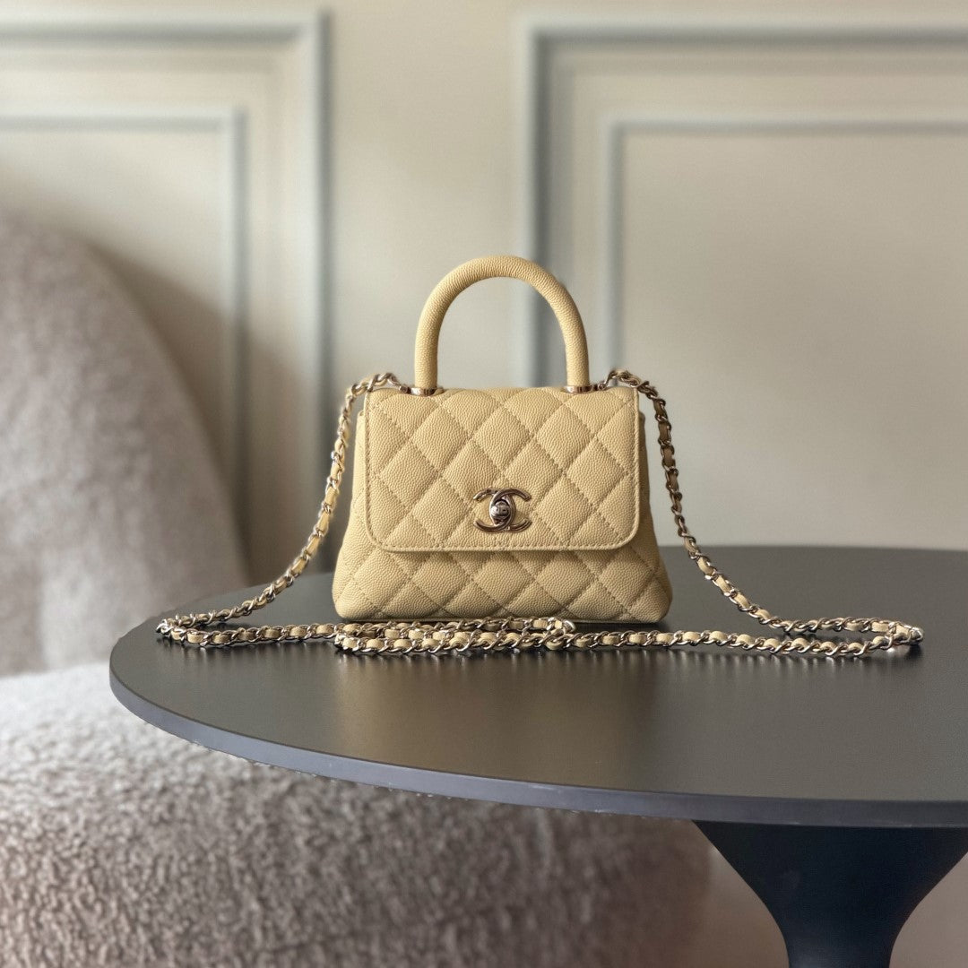 CC 26s Mini Flap Bag 14.5cm with Top Handle Light Yellow Caviar Leather