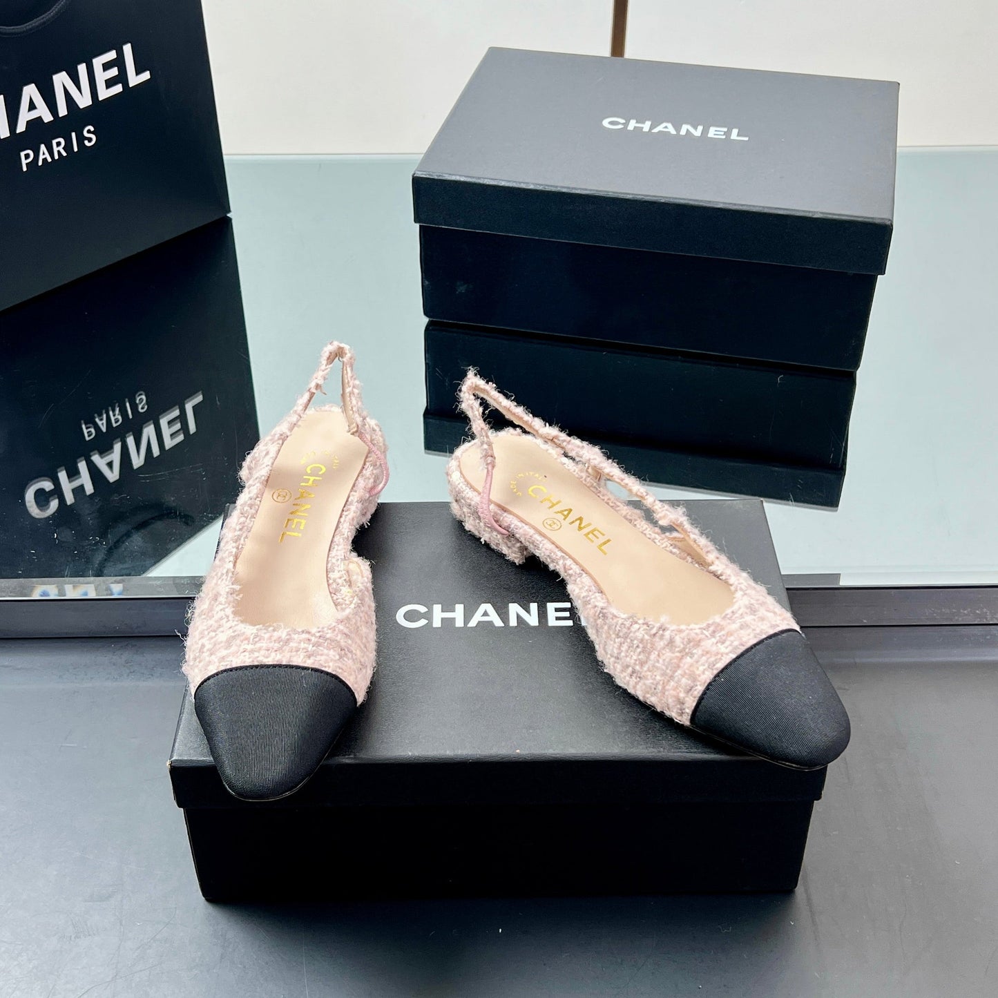 CC Slingback 2.5cm Light Pink Black Fabric Tweed