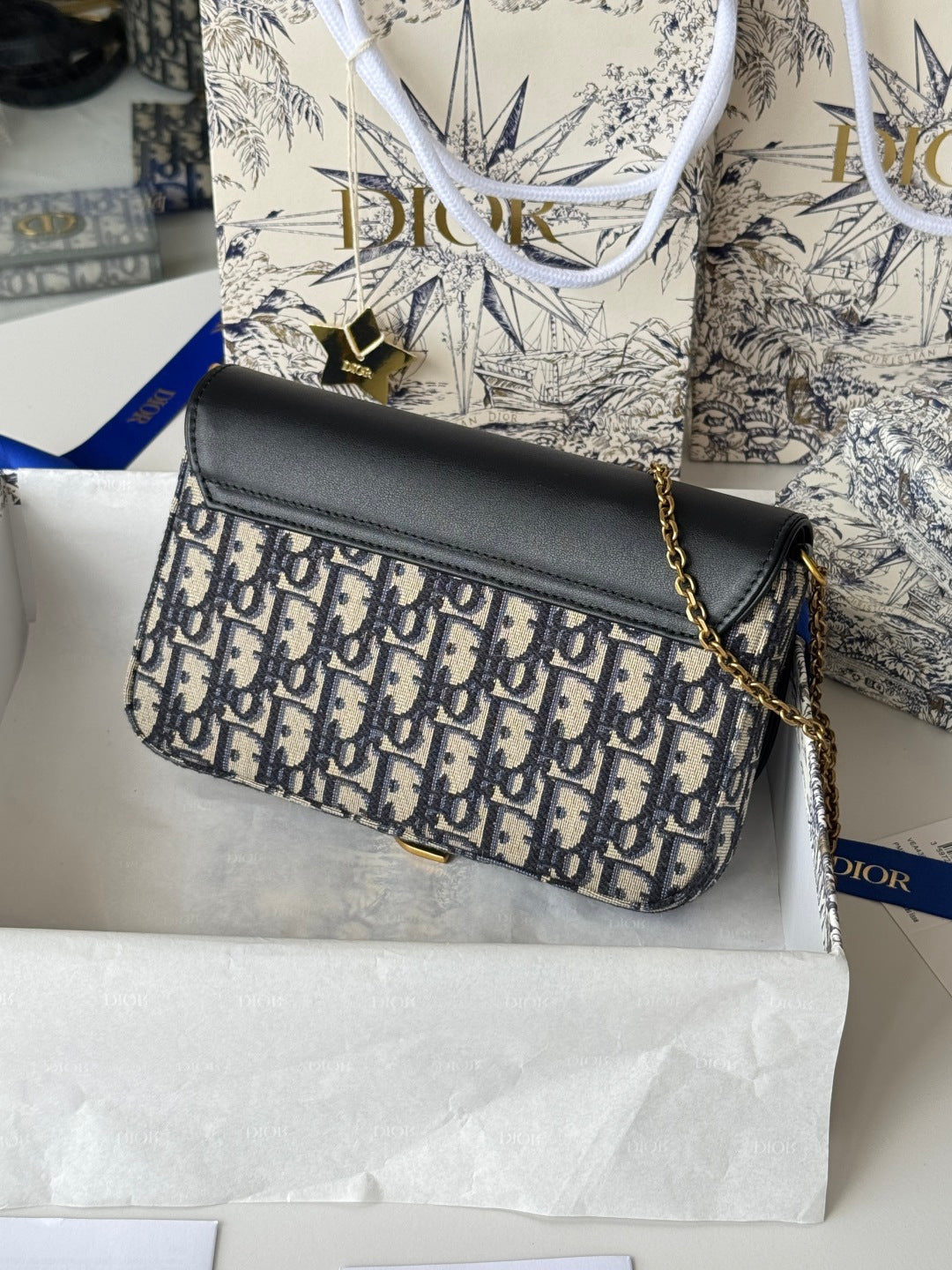 CD S5907CNKO Medium Saddle Pouch with Chain 21.5cm Blue Jacquard Cowhide GHW