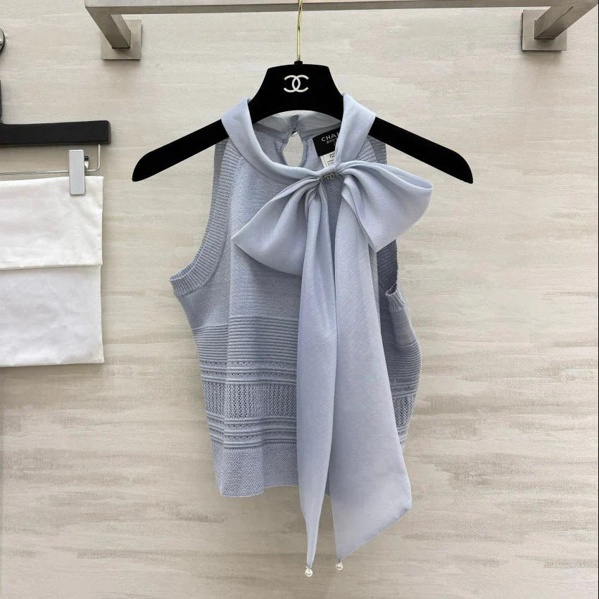 Chanel 2026 Tie-knit Halter Top With Bow Blue Cashmere 394170