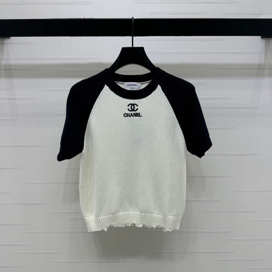 CC Short Sleeve Knitted Sweater White Black Cashmere Wool 351022