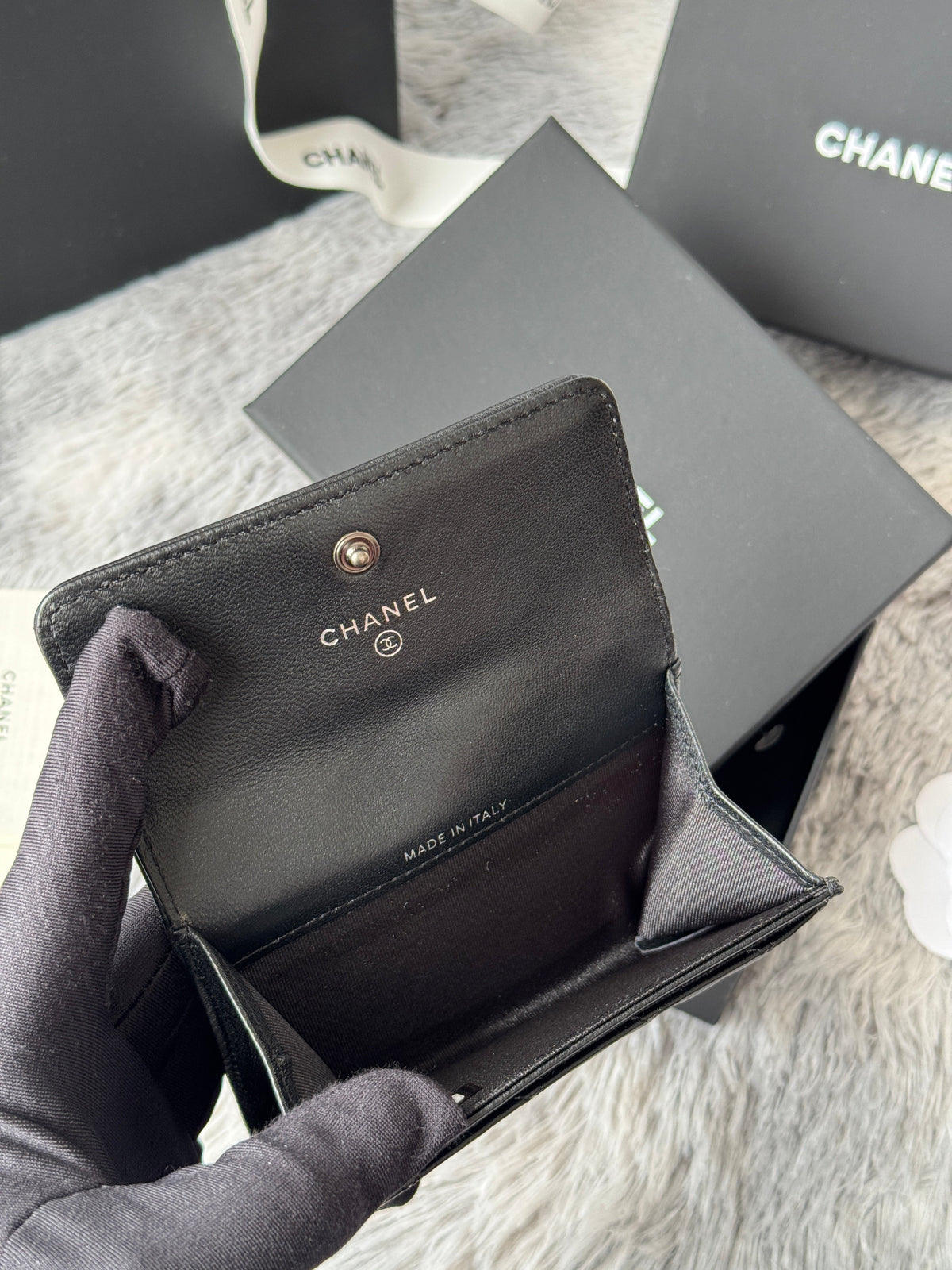 CC Boy Flap Card Holder Black Sliver-tone Lambskin 242864