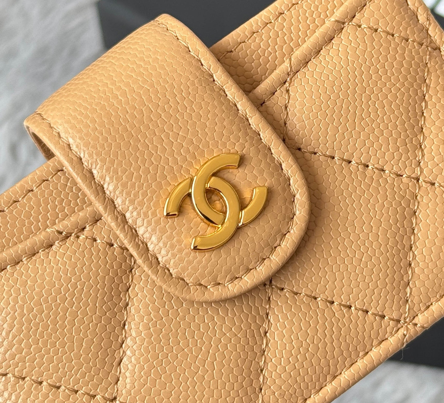 CC Accordion Card Holder Beige Gold-tone Metal Caviar 242661