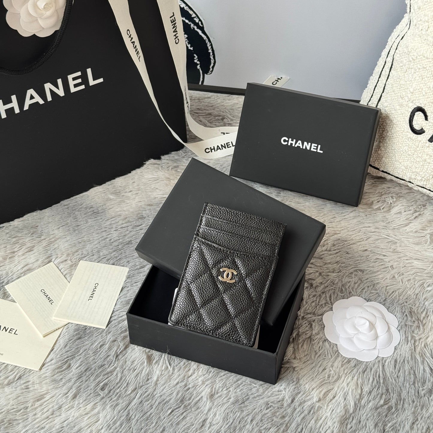 CC Carld Holder Black Sliver-tone Metal Grain Calfskin 242678