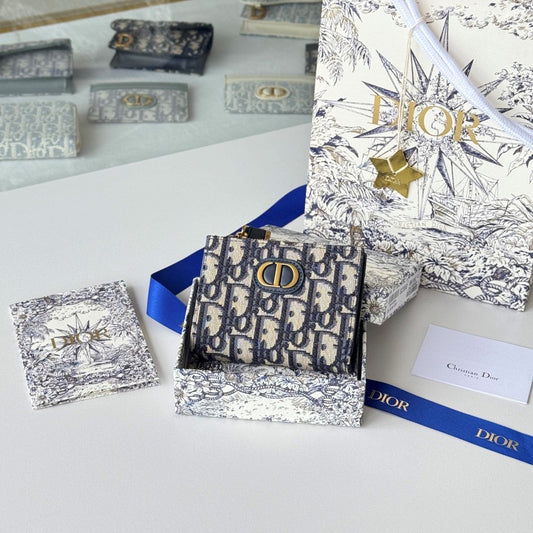 CD 30 Montaigne Dahlia Wallet 12cm Blue Fabric & Calfskin Jacquard