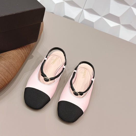 CC 26s Round-Toe Open-Back Flats Black Pink Fabric Leather 613256