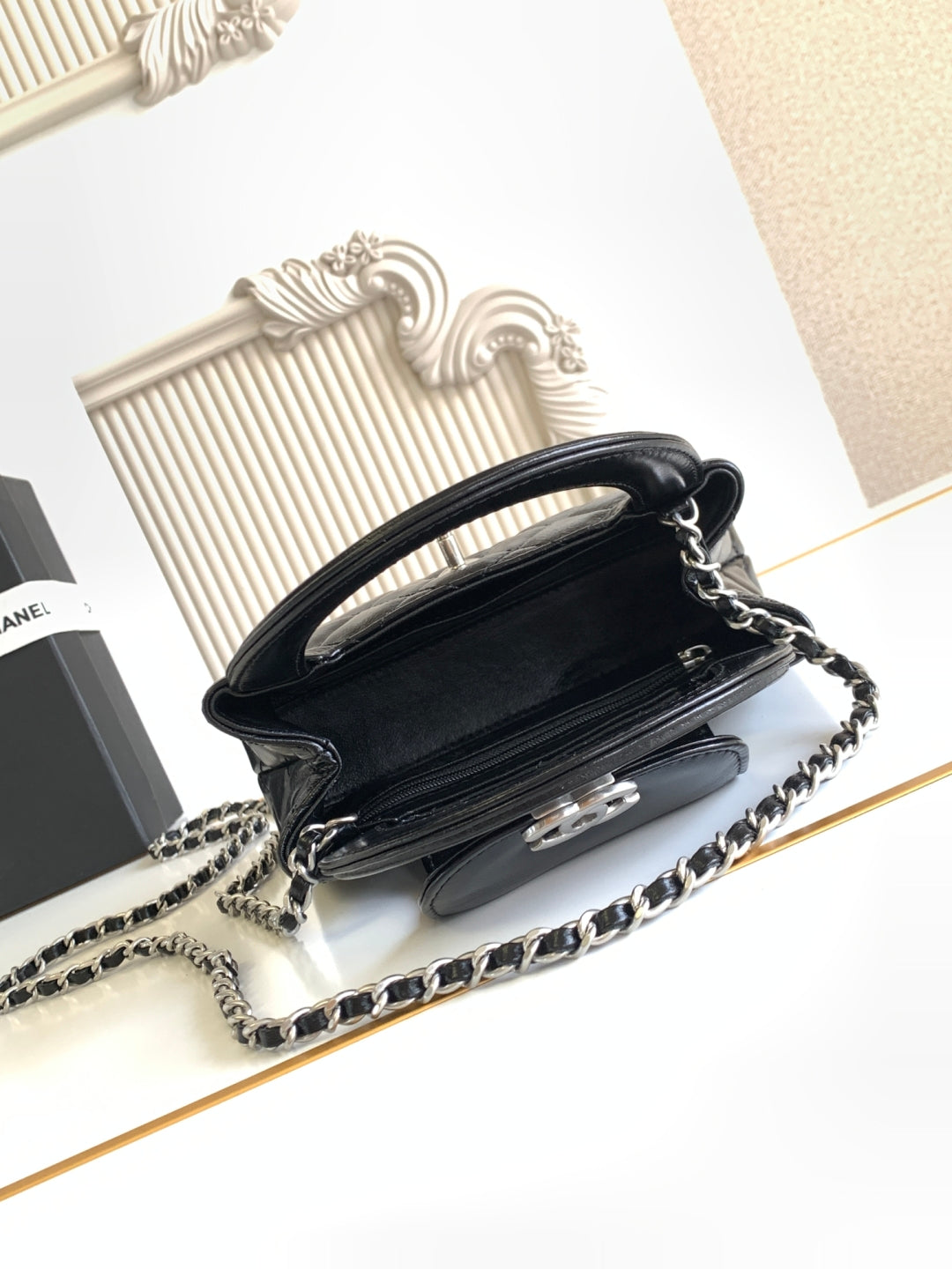 cc 24a nano 19cm kelly shopper bag black lambskin sliver hardware