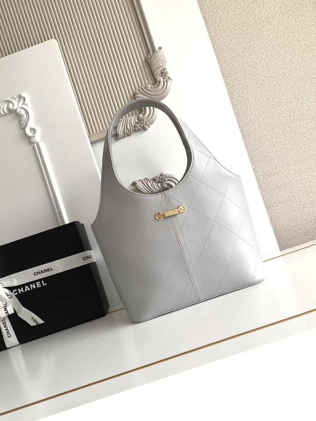 Chanel 2026 Basket Hobo Bag 35cm Grey Calfskin