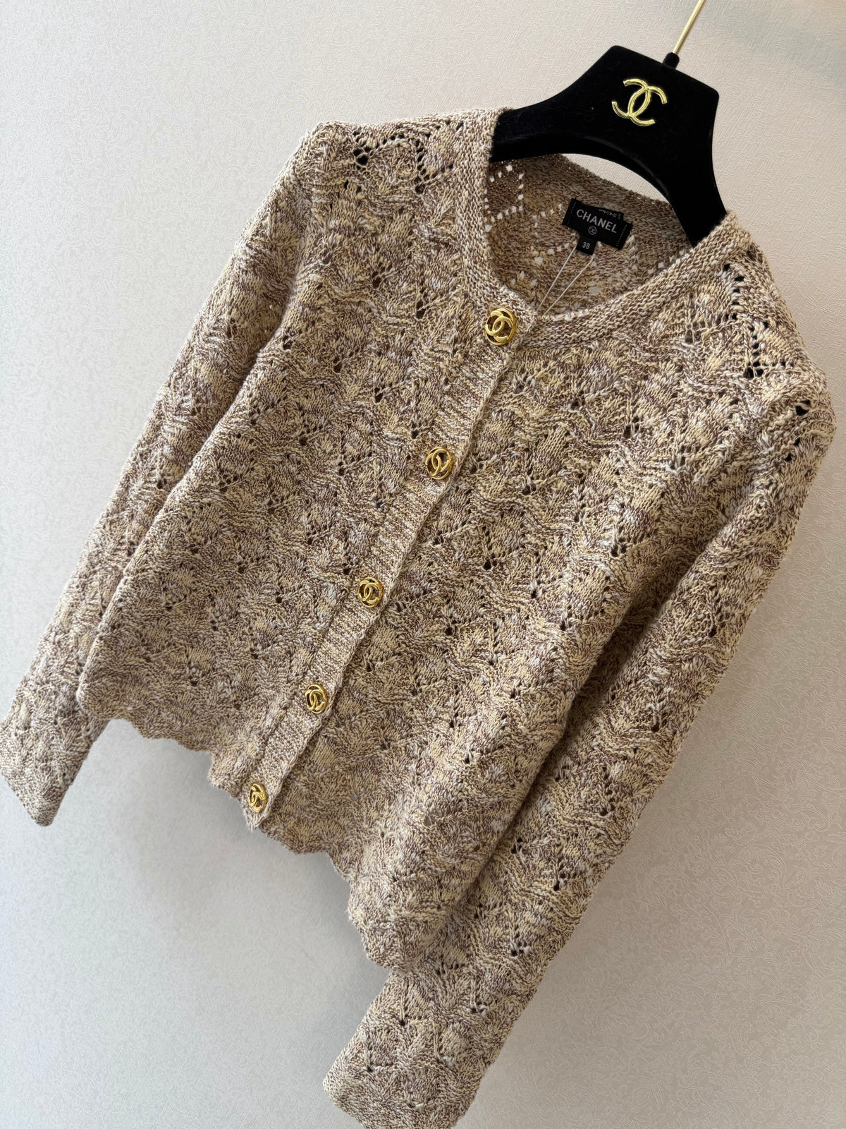 Chanel 26s Open Knit Cardigan Beige Cotton Wool 429779