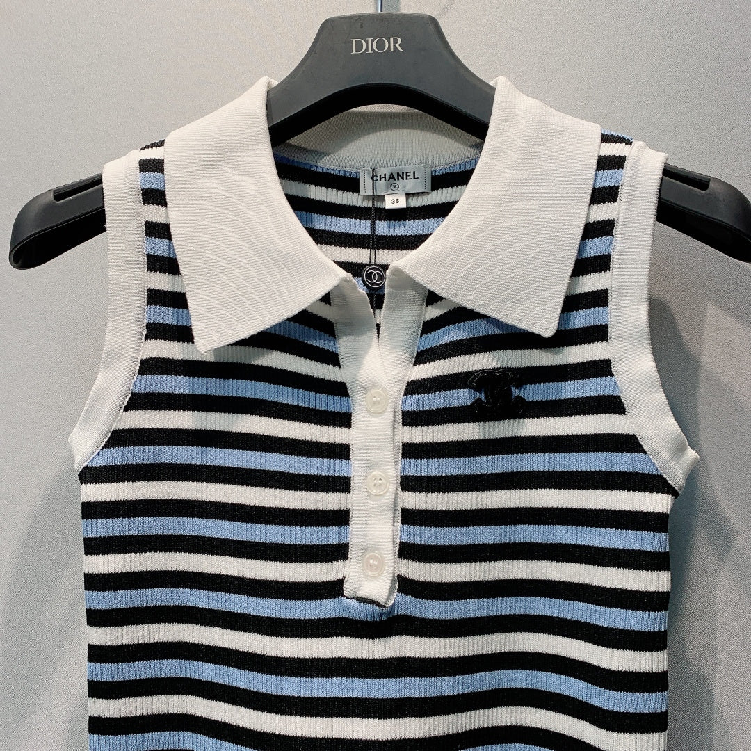 CC 26s Striped Polo Collar Vest White Black Knit 395915