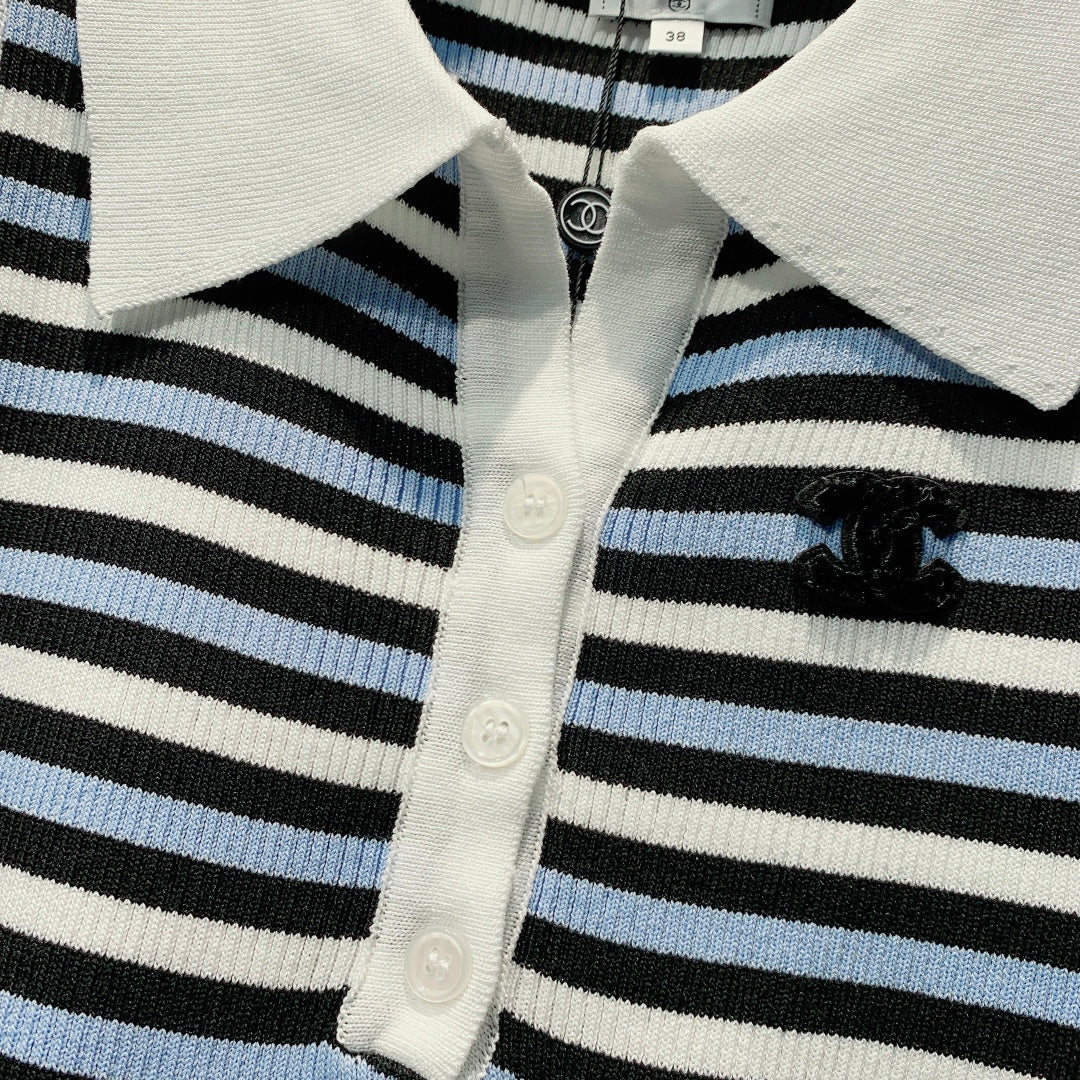 CC 26s Striped Polo Collar Vest White Black Knit 395915