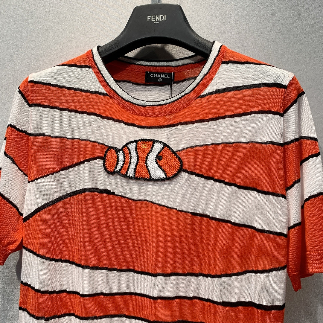 CC Clownfish Knit T-Shirt Orange White Tencel Nylon 395946