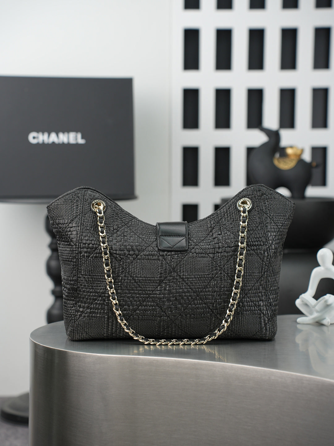 CC Shopping Bag 32cm Black Braided Raffia