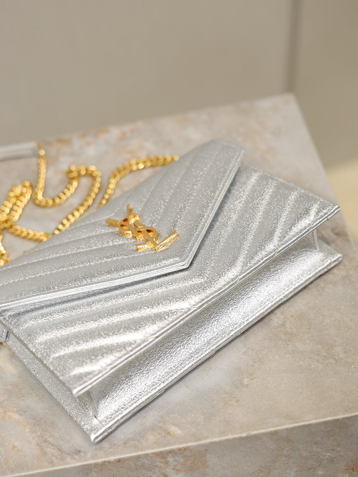 YSL Cassandre Matelassé Envelope Bag Sliver Metalic Leather
