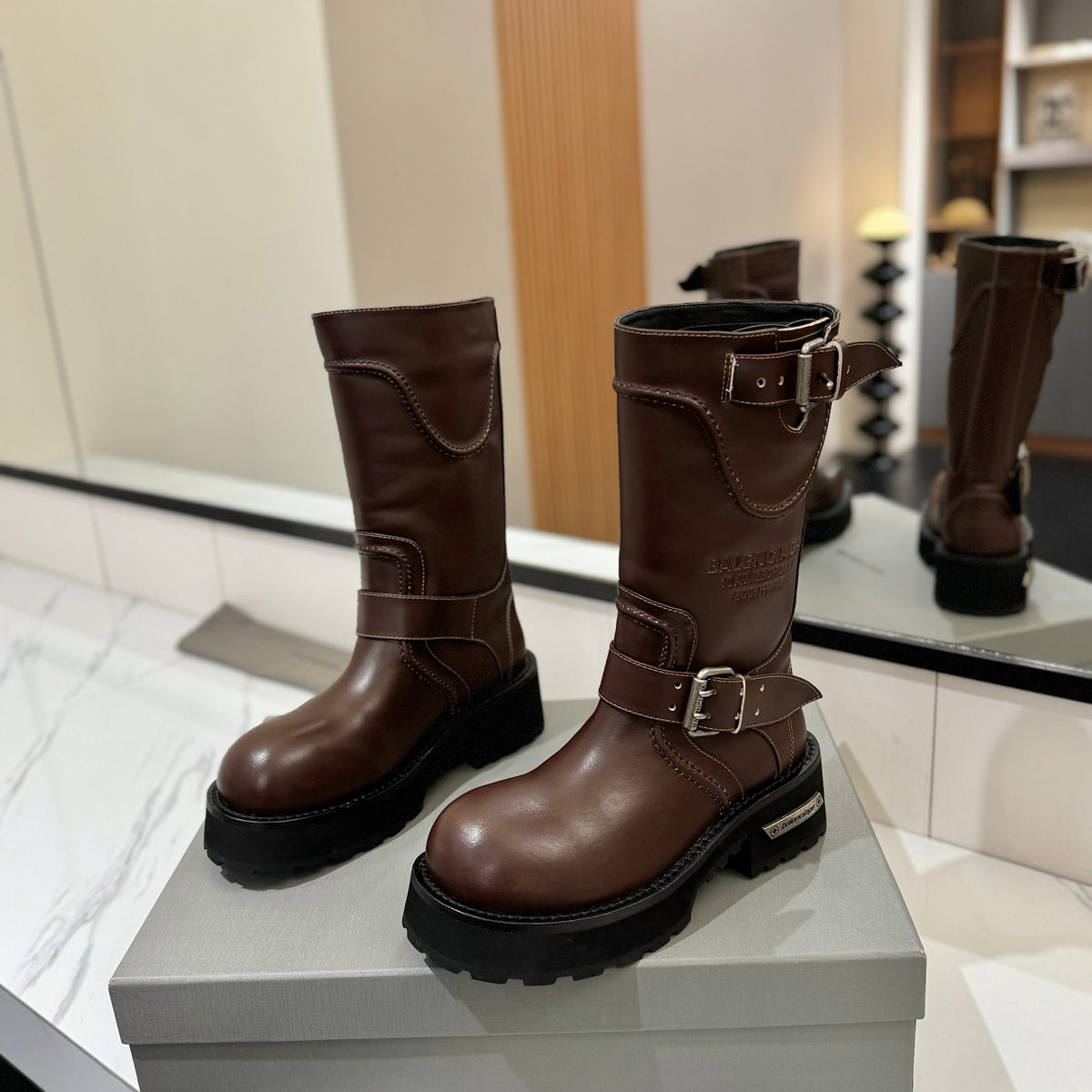 Balenciaga 25s buckled mid-calf boots brown calfskin 467614