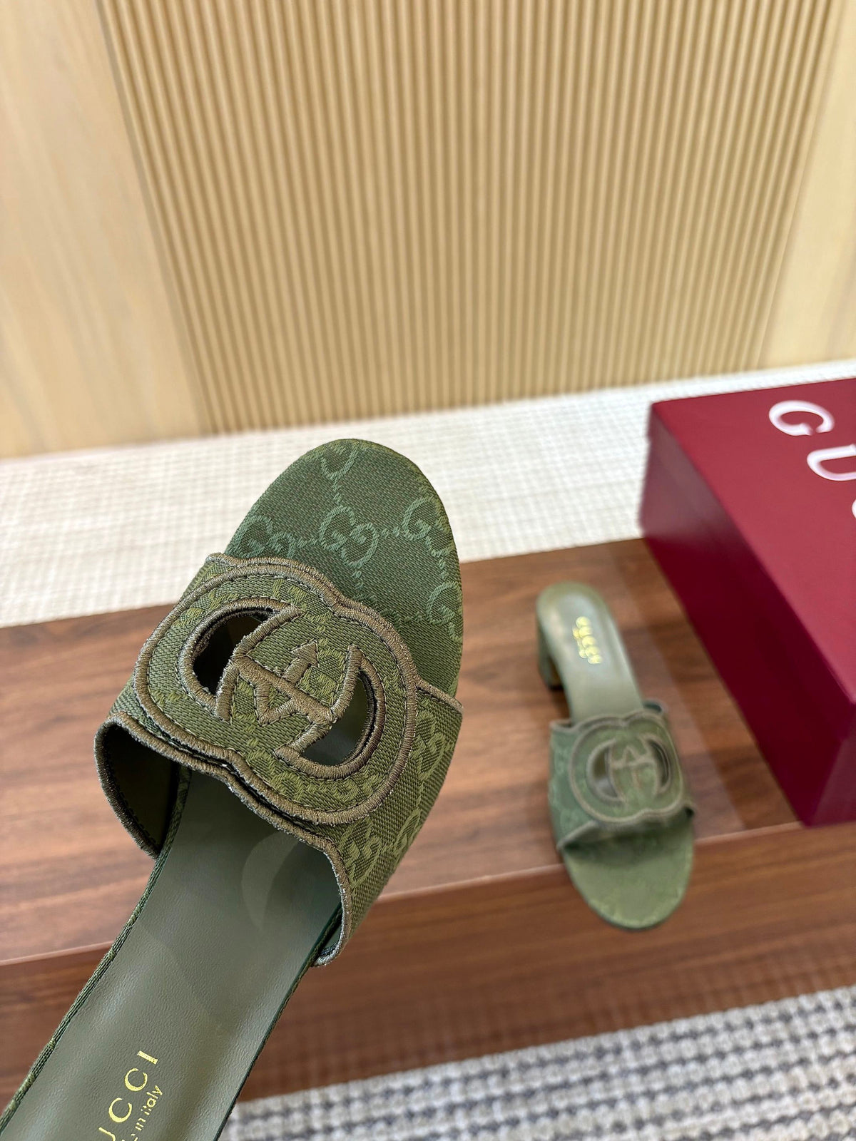GG Interlocking G Cutout Sandals 5.5cm Olive Green Canvas 646505