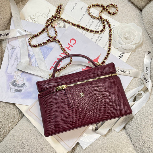 Chanel 2026 Vanity Bag 19.5cm Burgundy Cowhide With Lizard Embossing