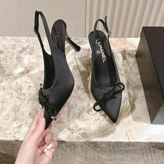 CC 25ss Bow Tie Slingbacks 85mm Black Satin & Patent Leather 447414