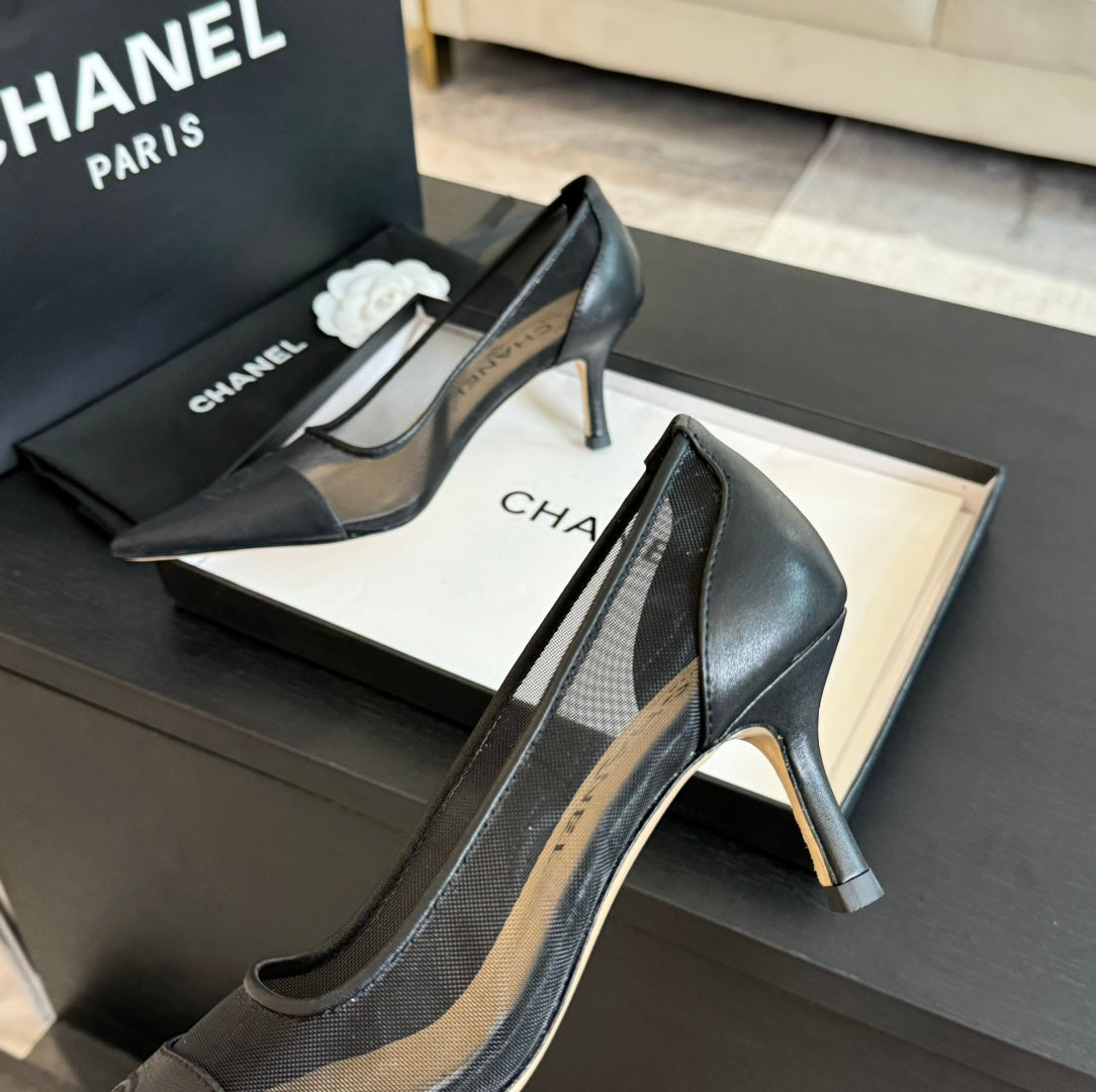 cc pump 6cm black transparent fabric lambskin