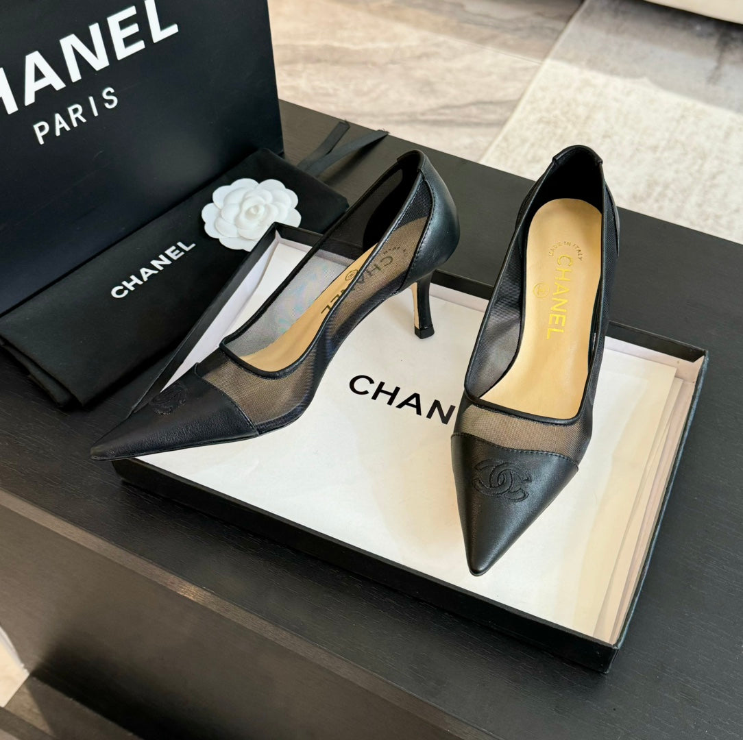 cc pump 6cm black transparent fabric lambskin