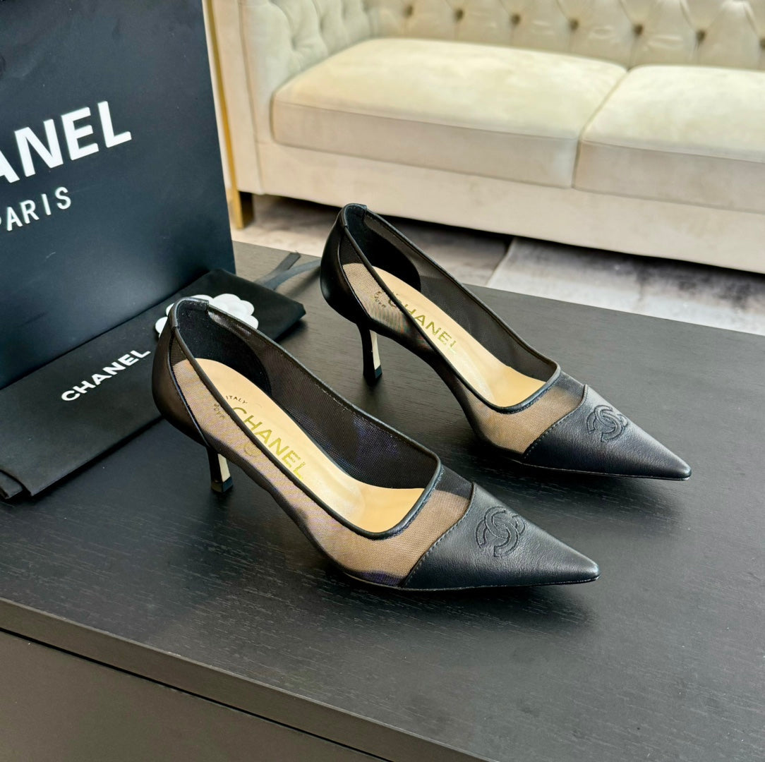 cc pump 6cm black transparent fabric lambskin